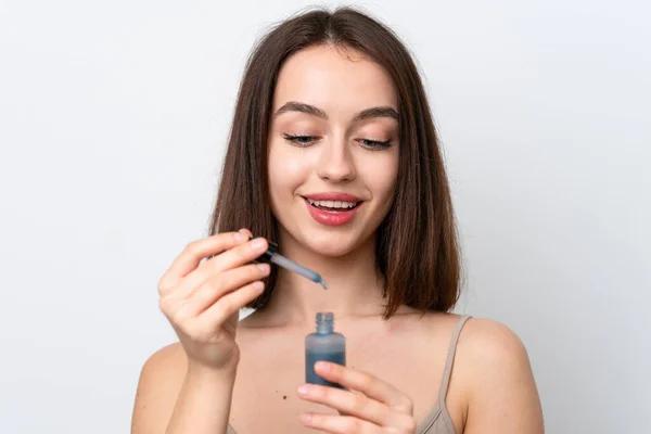 Young Ukrainian Woman Isolated White Background Holding Serum While Smiling — 스톡 사진