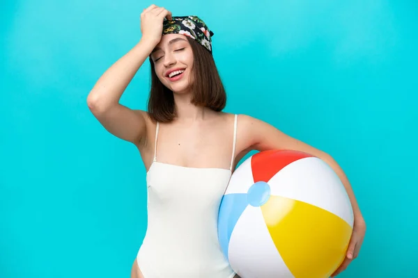 Young Ukrainian Woman Holding Beach Ball Isolated Blue Background Has — 스톡 사진