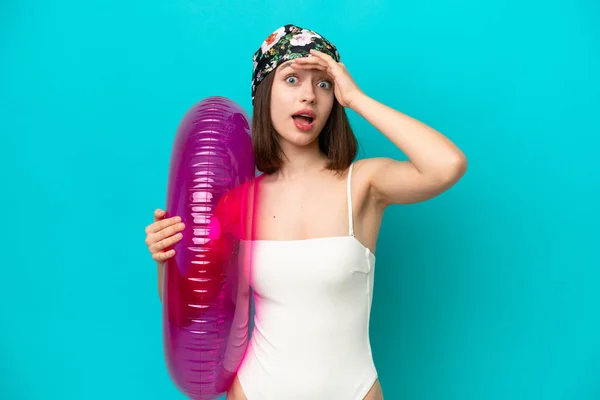 Young Ukrainian Woman Holding Air Mattress Isolated Blue Background Doing — ストック写真