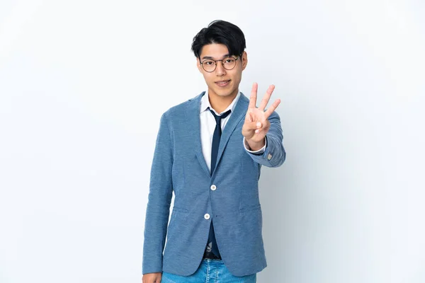 Young Chinese Business Man Isolated White Background Happy Counting Three — Stockfoto