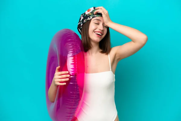 Young Ukrainian Woman Holding Air Mattress Isolated Blue Background Has — ストック写真