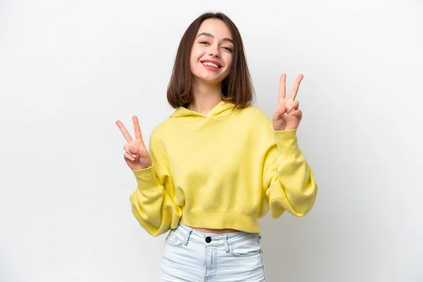 Young Ukrainian Woman Isolated White Background Showing Victory Sign Both — 스톡 사진