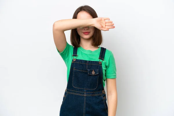 Young Ukrainian Woman Isolated White Background Covering Eyes Hands — 스톡 사진