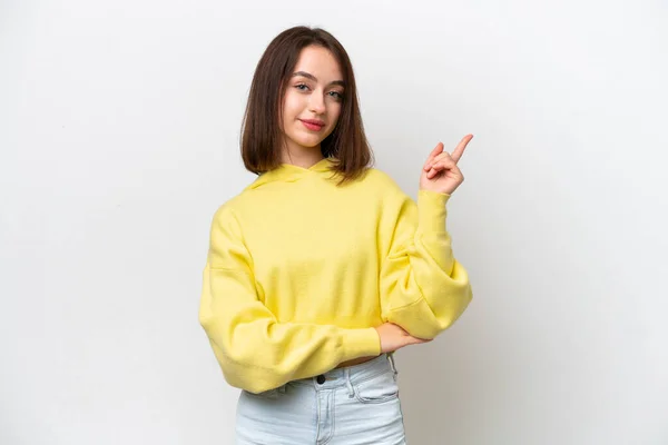 Young Ukrainian Woman Isolated White Background Happy Pointing — Stockfoto