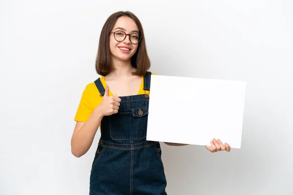 Young Ukrainian Woman Isolated White Background Holding Empty Placard Thumb — Stock fotografie