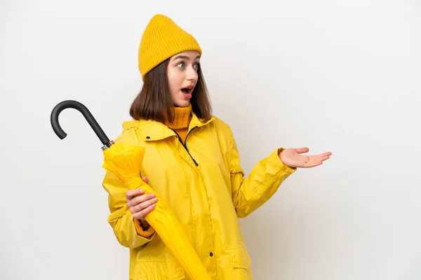 Young Ukrainian Woman Rainproof Coat Umbrella Isolated White Background Surprise — Stok fotoğraf