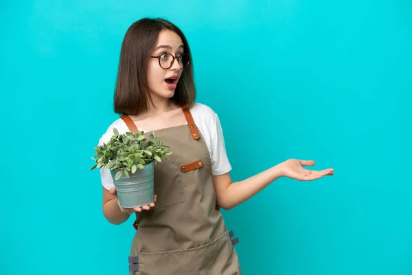 Gardener Ukrainian Woman Holding Plant Isolated Blue Background Surprise Expression — Foto Stock