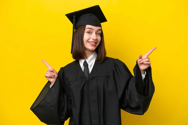 Young University Graduate Ukrainian Woman Isolated Yellow Background Pointing Finger — Stock Photo, Image