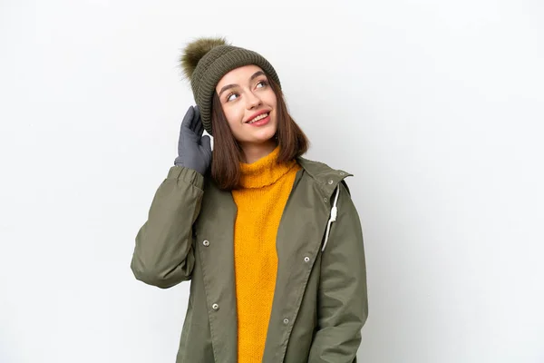 Young Ukrainian Woman Wearing Winter Jacket Isolated White Background Thinking — стоковое фото