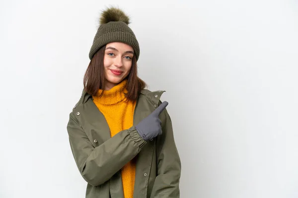 Young Ukrainian Woman Wearing Winter Jacket Isolated White Background Pointing — Fotografia de Stock