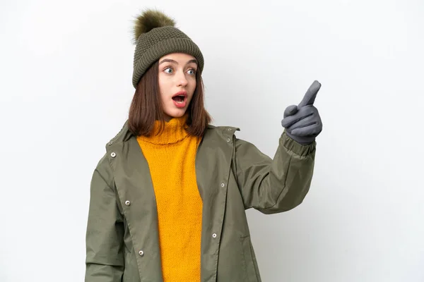 Young Ukrainian Woman Wearing Winter Jacket Isolated White Background Pointing — 스톡 사진
