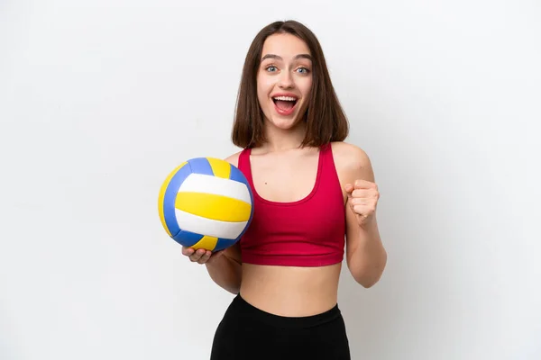 Young Ukrainian Woman Playing Volleyball Isolated White Background Celebrating Victory — Stok fotoğraf