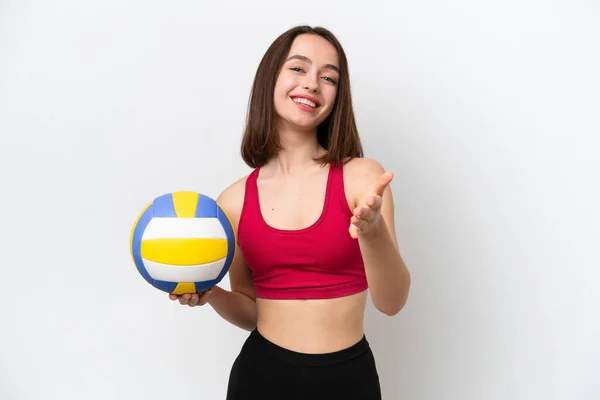Young Ukrainian Woman Playing Volleyball Isolated White Background Shaking Hands —  Fotos de Stock