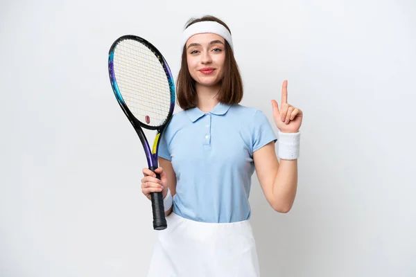 Young Ukrainian Tennis Player Woman Isolated White Background Pointing Great — Foto Stock