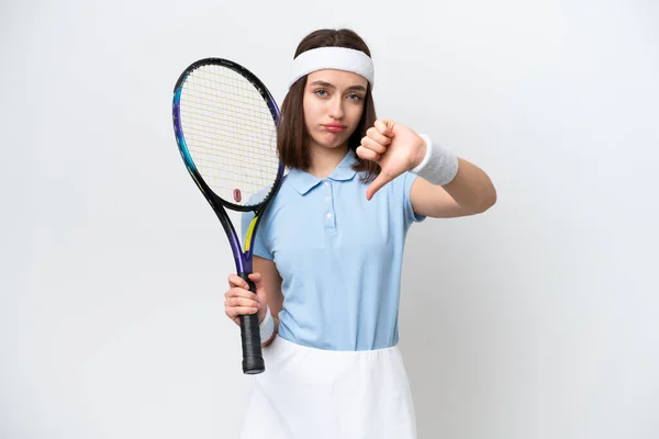 Young Ukrainian Tennis Player Woman Isolated White Background Showing Thumb — Foto de Stock