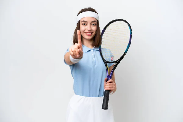 Young Ukrainian Tennis Player Woman Isolated White Background Showing Lifting — ストック写真
