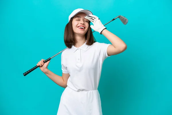 Giovane Giocatore Golf Ucraino Donna Isolato Sfondo Blu Sorridente Molto — Foto Stock