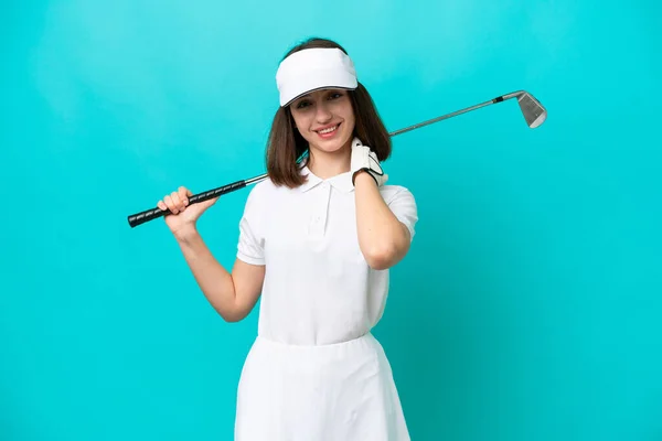 Young Ukrainian Golfer Player Woman Isolated Blue Background Laughing — Stock Photo, Image