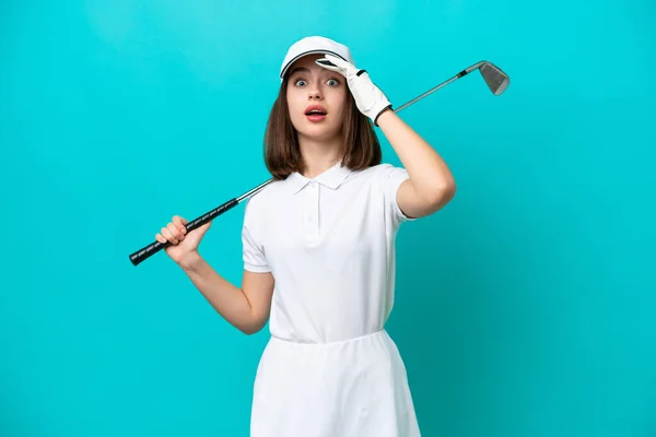 Young Ukrainian Golfer Player Woman Isolated Blue Background Doing Surprise — Stock Photo, Image