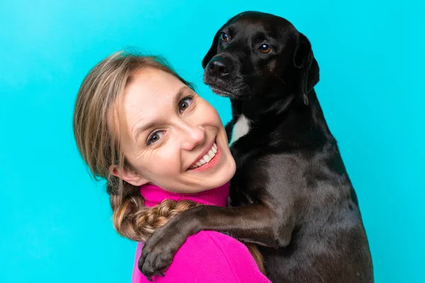 Young Caucasian Woman Her Dog Isolated Background — 스톡 사진