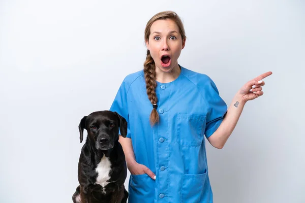 Jovem Veterinária Mulher Com Cão Isolado Fundo Branco Surpreso Apontando — Fotografia de Stock