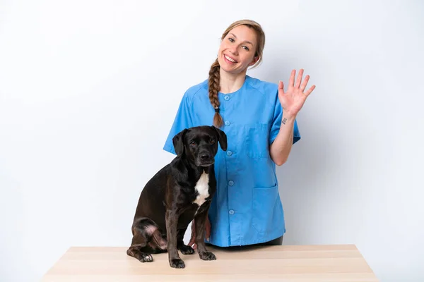 Молодая Женщина Ветеринар Собакой Белом Фоне Салютуя Рукой Счастливым Выражением — стоковое фото