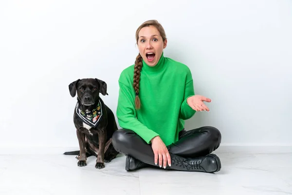 Young Caucasian Woman Sitting Floor His Puppy Isolated White Background — Fotografia de Stock