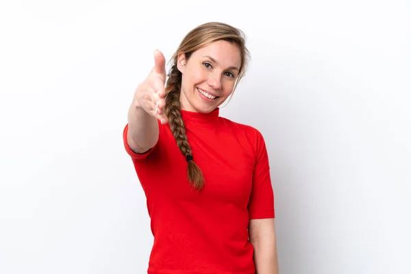 Jeune Femme Caucasienne Isolée Sur Fond Blanc Serrant Main Pour — Photo