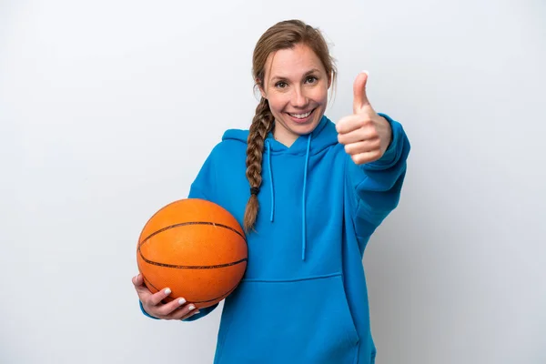 Молода Біла Жінка Грає Баскетбол Ізольовано Білому Тлі Великими Пальцями — стокове фото
