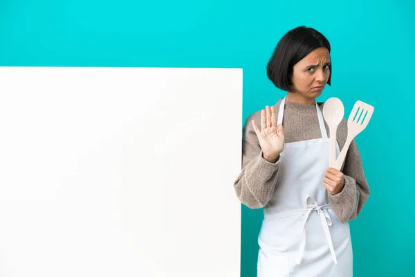 Young Mixed Race Cook Woman Big Placard Isolated Blue Background — Stockfoto
