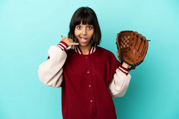 Young Mixed Race Player Woman Baseball Glove Isolated Blue Background — Stock fotografie