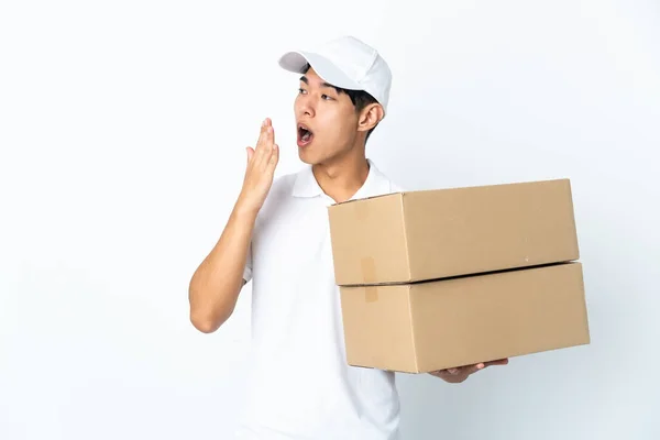 Delivery Chinese Man Isolated White Background Yawning Covering Wide Open — Stockfoto