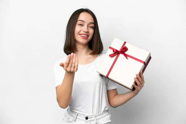 Young Ukrainian Woman Holding Gift Isolated White Background Inviting Come — 스톡 사진