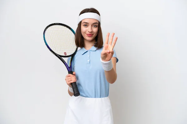 Young Ukrainian Tennis Player Woman Isolated White Background Happy Counting — ストック写真