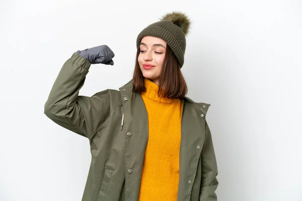 Young Ukrainian Woman Wearing Winter Jacket Isolated White Background Doing — Stok fotoğraf