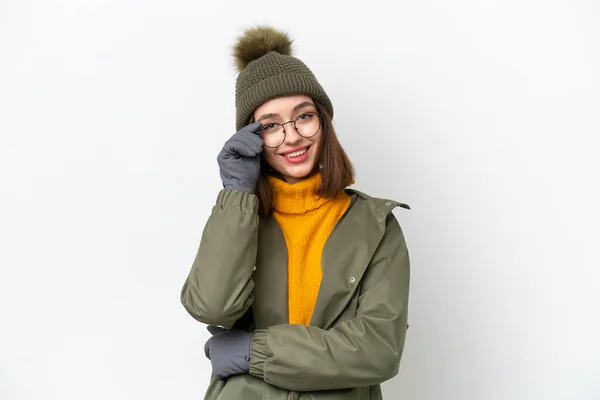 Young Ukrainian Woman Wearing Winter Jacket Isolated White Background Glasses — Stok fotoğraf