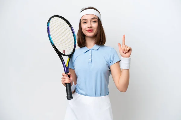 Young Ukrainian Tennis Player Woman Isolated White Background Pointing Great — Foto de Stock