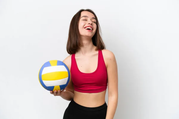 Young Ukrainian Woman Playing Volleyball Isolated White Background Laughing — Stock Photo, Image