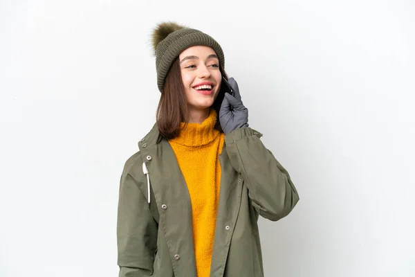 Young Ukrainian Woman Wearing Winter Jacket Isolated White Background Keeping — Stok fotoğraf