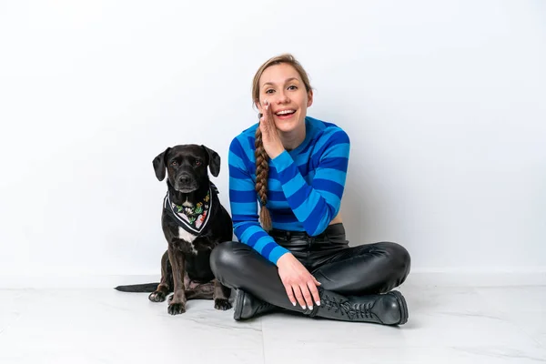 Young Caucasian Woman Sitting Floor His Puppy Isolated White Background — Fotografia de Stock