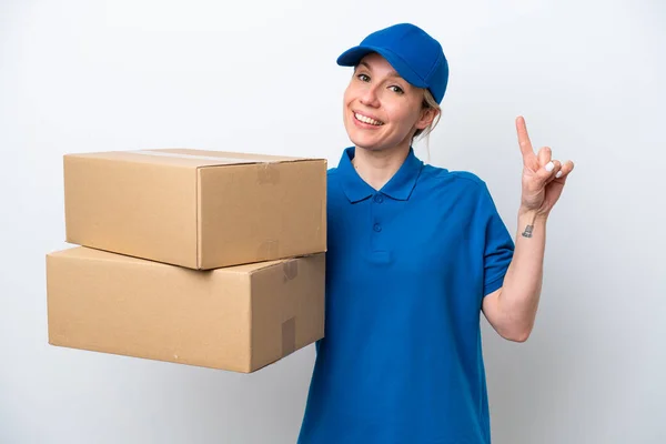 Delivery Caucasian Woman Isolated White Background Showing Lifting Finger Sign — Stockfoto