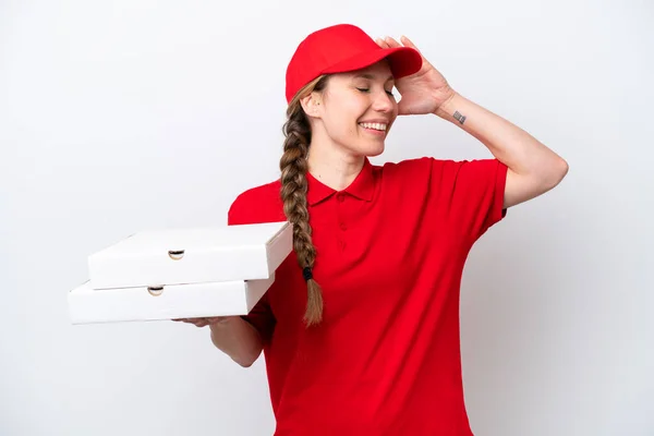 Mulher Entrega Pizza Com Uniforme Trabalho Pegando Caixas Pizza Isoladas — Fotografia de Stock