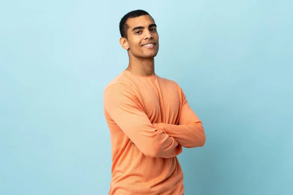 African American Man Isolated Background Arms Crossed Looking Forward — Stock Fotó