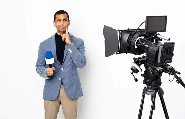 Reporter African American Man Holding Microphone Reporting News Isolated White — Photo