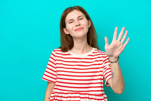 Young English Woman Isolated Blue Background Counting Five Fingers — Foto Stock