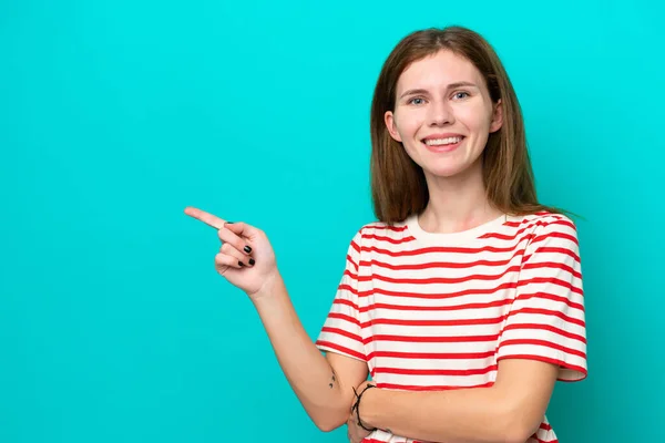 Young English Woman Isolated Blue Background Pointing Finger Side — Foto Stock