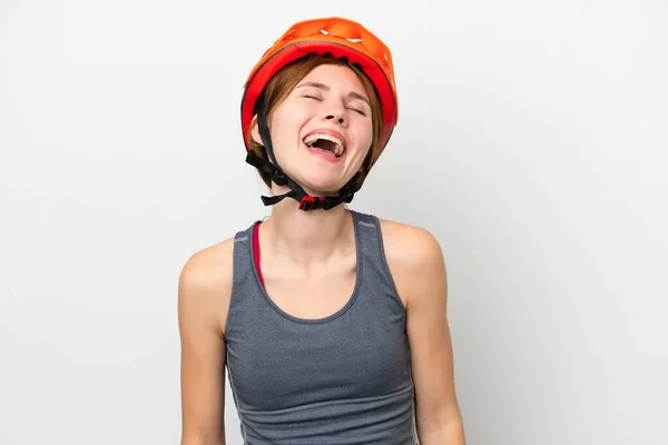 Mladý Cyklista Angličtina Žena Izolované Bílém Pozadí Smích — Stock fotografie
