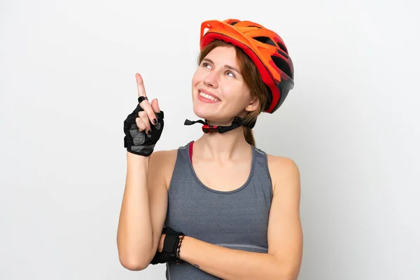 Young Cyclist English Woman Isolated White Background Pointing Great Idea — стоковое фото