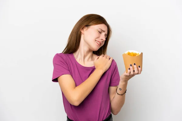 Young English Woman Holding Fried Chips Isolated White Background Suffering — Stock Photo, Image