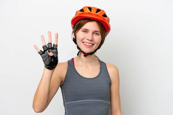 Young Cyclist English Woman Isolated White Background Happy Counting Four — Stockfoto